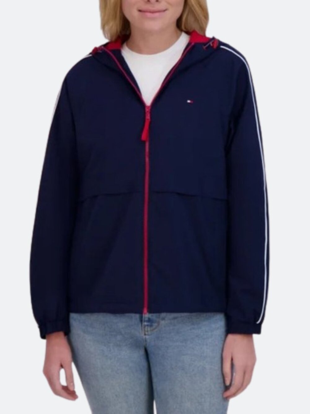 NWT Tommy Hilfiger Navy Blue Windbreaker Womens Sz L Soft Shell Jacket Full Zip
